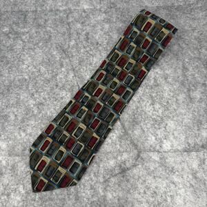 J. Garcia 100% Silk Tie Green Blue Burgundy Tan Block Pattern 4 Wide 57 Long 944